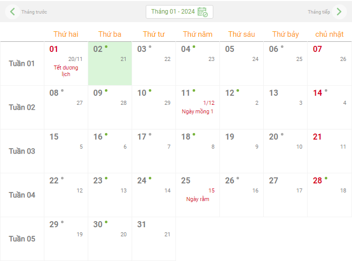 Lịch âm hôm nay - Lịch âm lịch, lịch dương lịch năm 2024