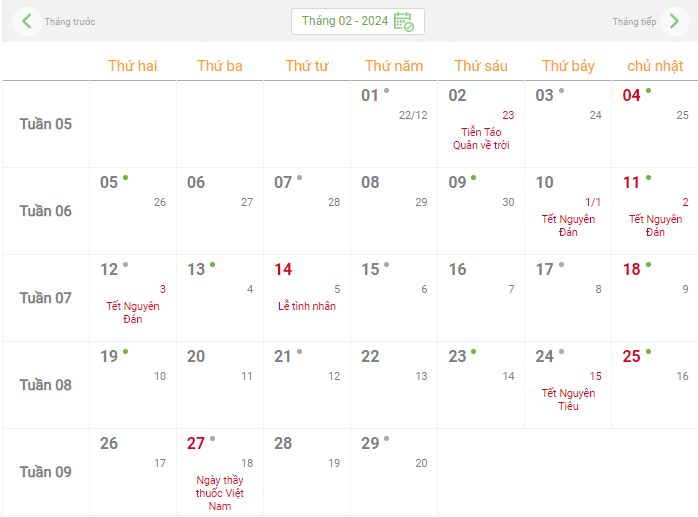 Lịch âm hôm nay - Lịch âm lịch, lịch dương lịch năm 2024