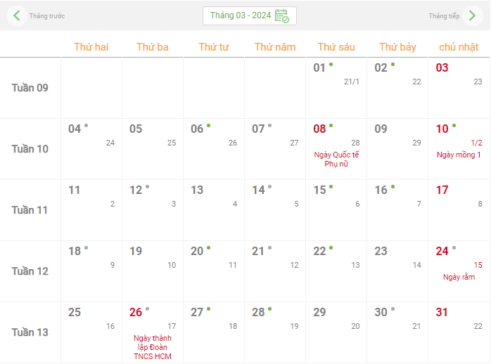 Lịch âm hôm nay - Lịch âm lịch, lịch dương lịch năm 2024
