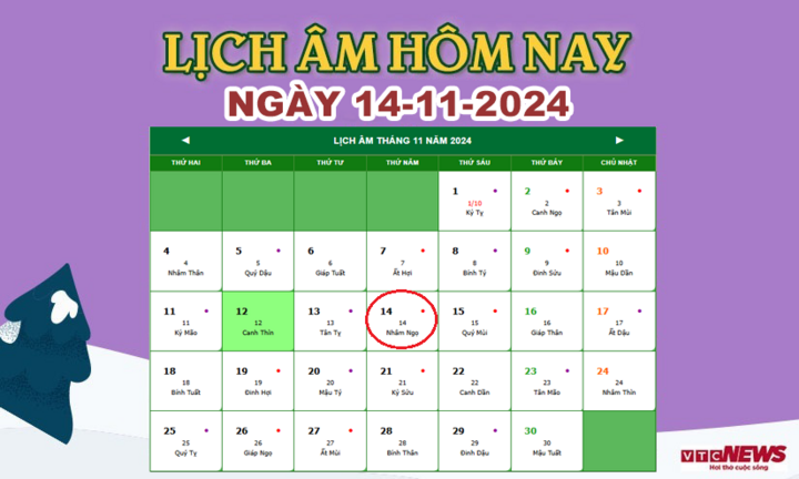 Lịch âm 14/11 - Âm lịch hôm nay 14/11 chính xác nhất - lịch vạn niên 14/11/2024