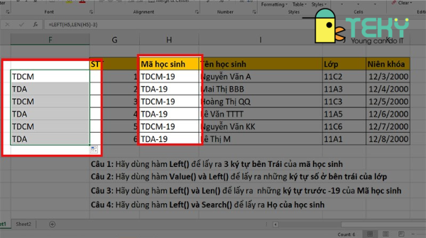 Hàm left trong excel đơn giản với các ví dụ chi tiết