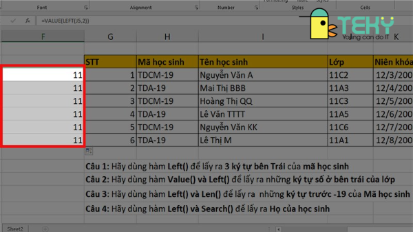 Hàm left trong excel đơn giản với các ví dụ chi tiết