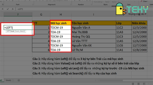 Hàm left trong excel đơn giản với các ví dụ chi tiết