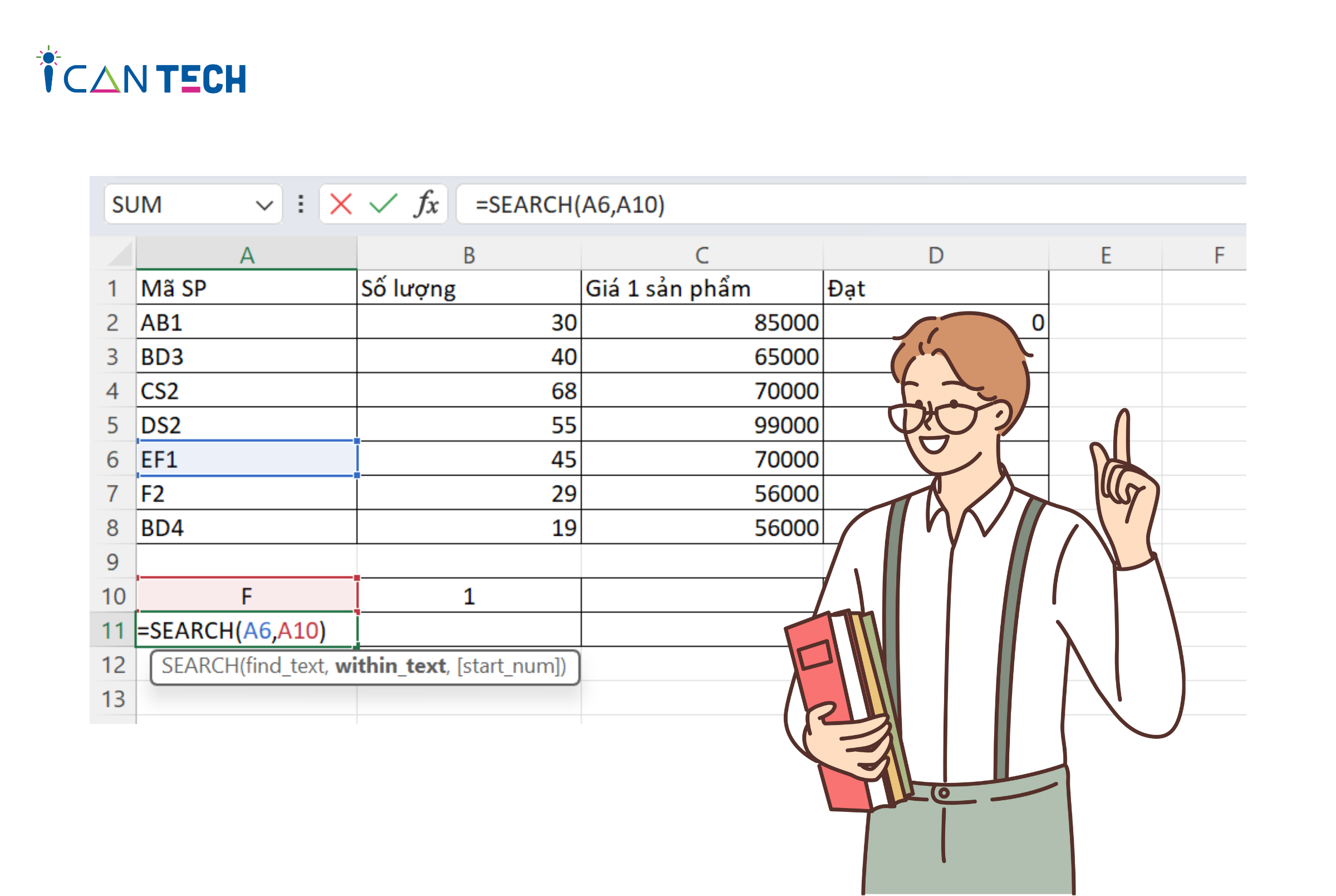 Hướng dẫn sử dụng hàm tìm ký tự trong Excel