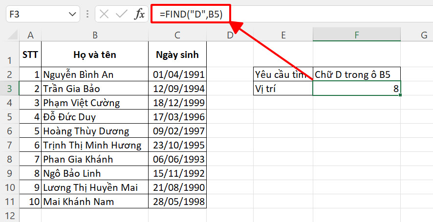 Hướng dẫn sử dụng hàm FIND để dò tìm ký tự trong Excel