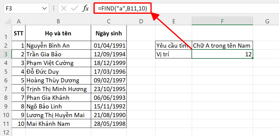 Hướng dẫn sử dụng hàm FIND để dò tìm ký tự trong Excel