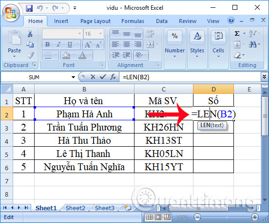 Hàm LEN trong Excel: Hàm lấy độ dài của một chuỗi